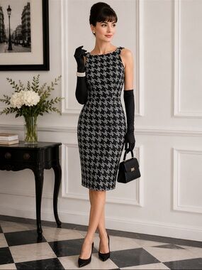 Trina Turk Black & Gray Houndstooth Midi Sheath Dress